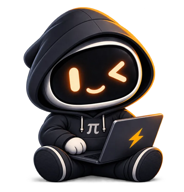 Pipkin, a hooded robot mascot, working on a laptop
